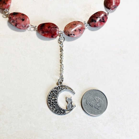 Natural Gemstone Pink Rhodonite Lariat Choker, Cat on the Moon Pendant - Picture 8 of 10